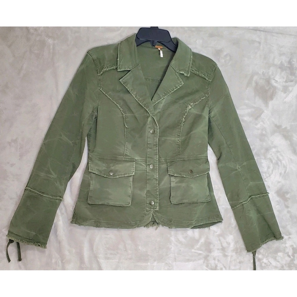 Free People Utility Jacket Size S‎ Military Army Boho Snap Ruffle Raw Hem Frayed